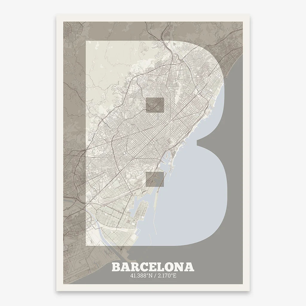 Decorative print of Barcelona composed with letters in a heavy geometric font printed on light brown and an off-white background