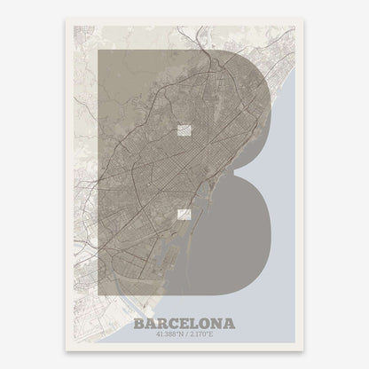 The map of Barcelona composed with letters in a heavy geometric font printed on light brown and an off-white background