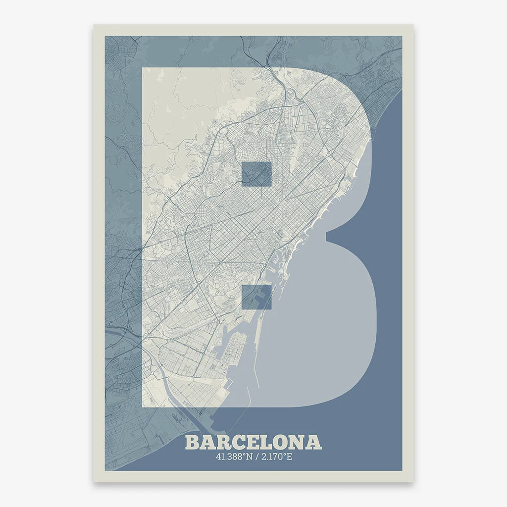Decorative print of Barcelona composed with letters in a heavy geometric font printed on bluish gray and an off-white background