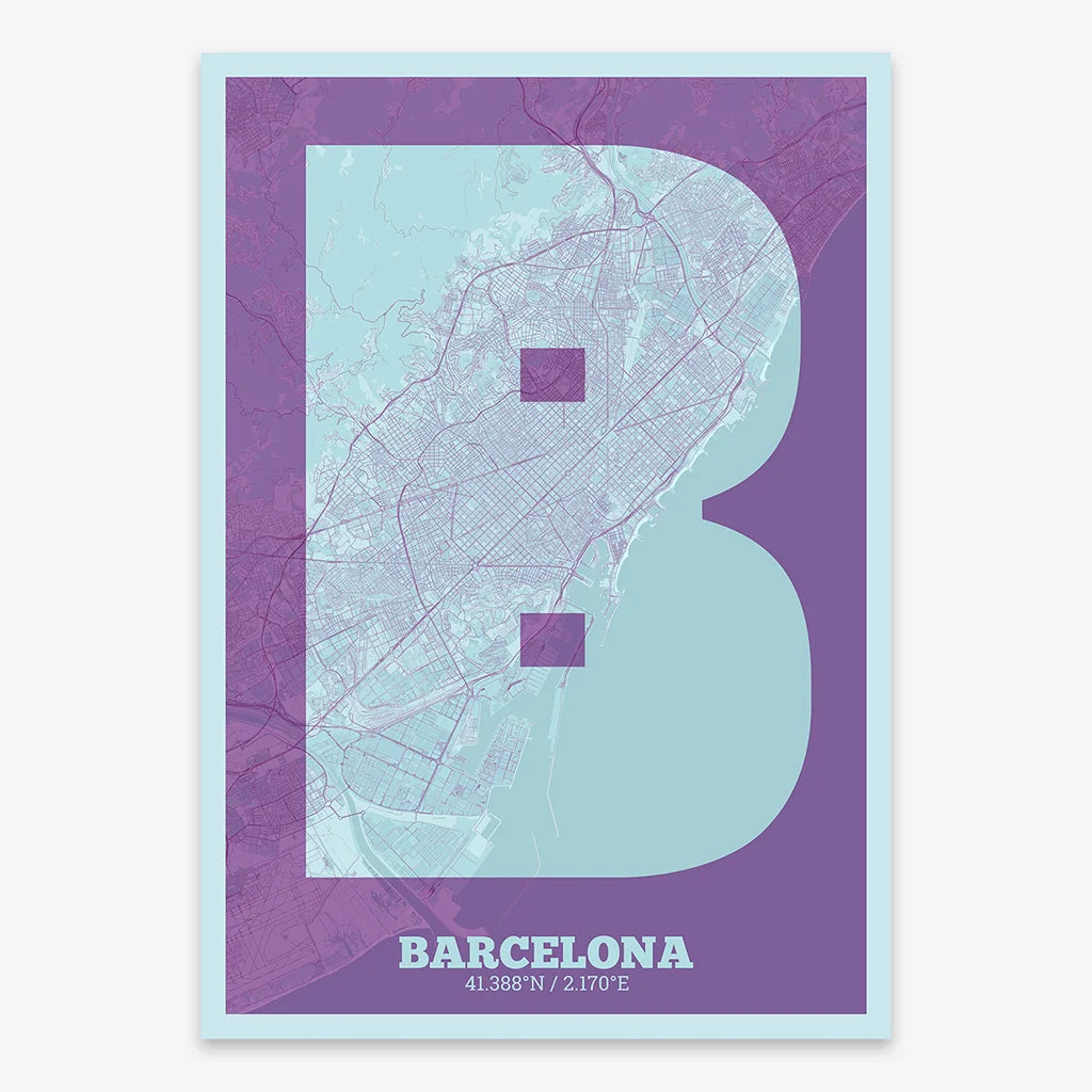 Decorative print of Barcelona composed with letters in a heavy geometric font printed on purple and light blue