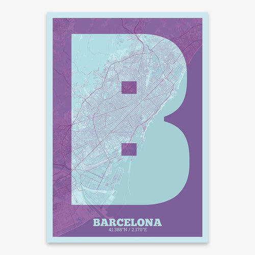 Mapa de Barcelona en diseño la Súper Bold, un póster tipográfico donde el mapa de la ciudad se fusiona con una tipografía extra gruesa para un impacto visual moderno diseñado en púrpura y azul claro