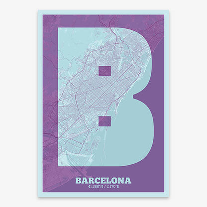 Decorative print of Barcelona composed with letters in a heavy geometric font printed on purple and light blue