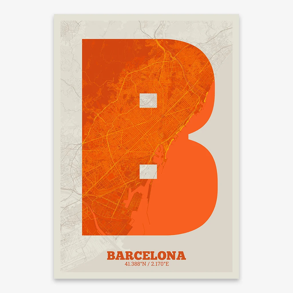Decorative print of Barcelona composed with letters in a heavy geometric font printed on orange and an off-white background
