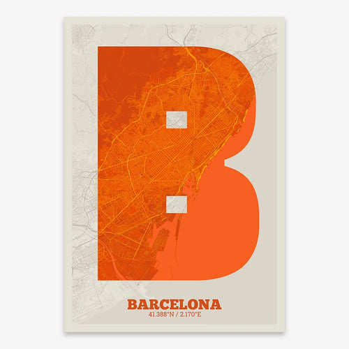Mapa de Barcelona en diseño la Súper Bold, un póster tipográfico donde el mapa de la ciudad se fusiona con una tipografía extra gruesa para un impacto visual moderno diseñado en naranja y fondo blanco roto