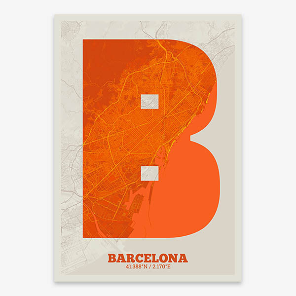 Decorative print of Barcelona composed with letters in a heavy geometric font printed on orange and an off-white background