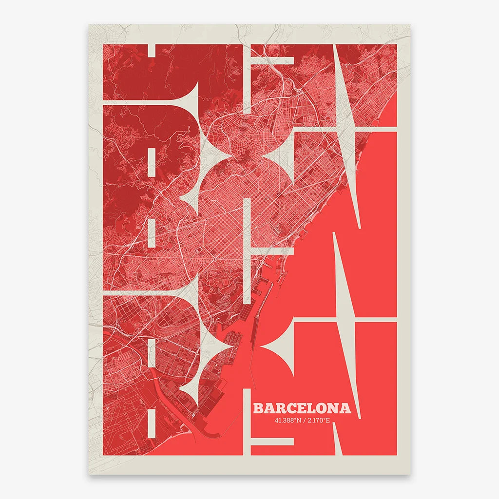 Poster of Barcelona composed with letters from its abbreviation or its airport IATA code printed on red and an off-white background