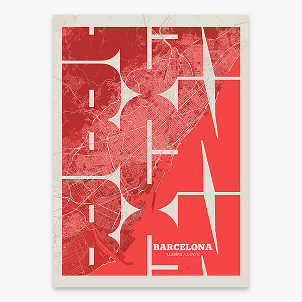 Poster of Barcelona composed with letters from its abbreviation or its airport IATA code printed on red and an off-white background