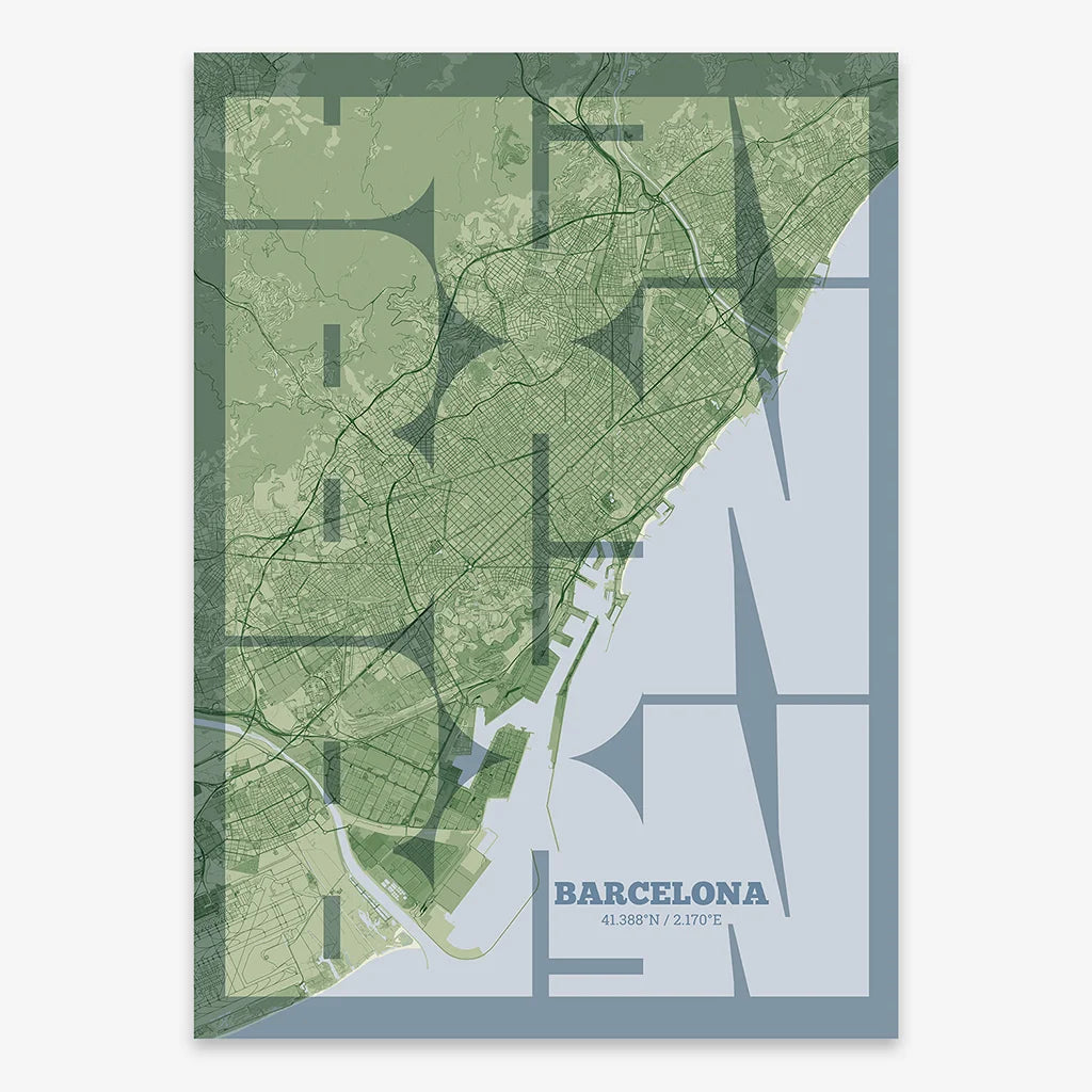 Poster of Barcelona composed with letters from its abbreviation or its airport IATA code printed on two green tones