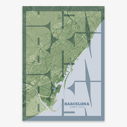 Poster of Barcelona composed with letters from its abbreviation or its airport IATA code printed on two green tones