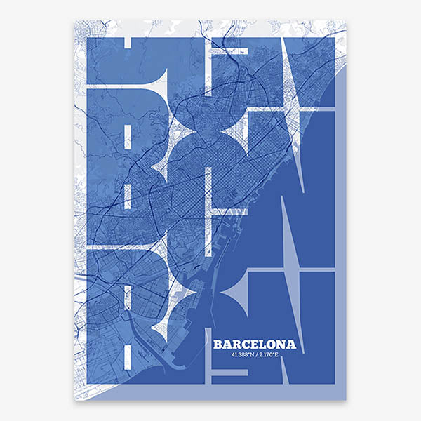 Poster of Barcelona composed with letters from its abbreviation or its airport IATA code printed on navy blue and white