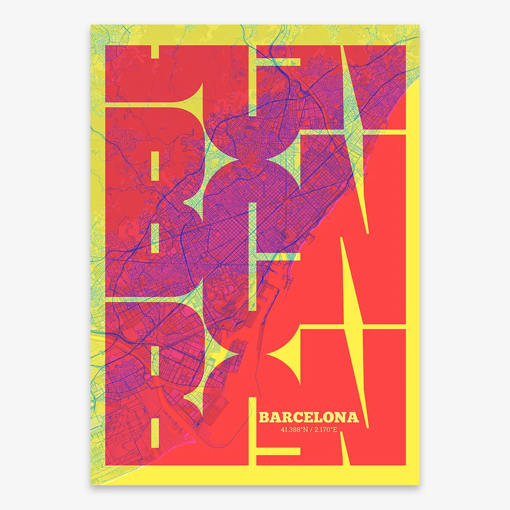 Poster of Barcelona composed with letters from its abbreviation or its airport IATA code printed on yellow and fuchsia