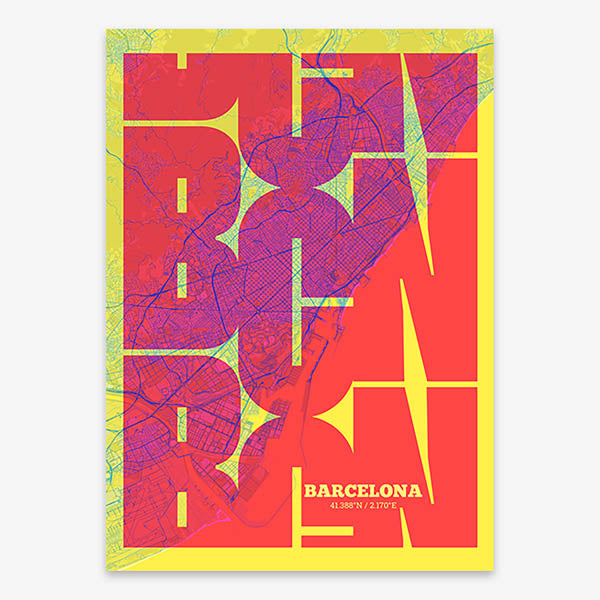 Poster of Barcelona composed with letters from its abbreviation or its airport IATA code printed on yellow and fuchsia