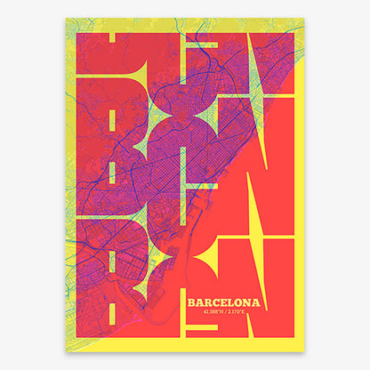 Poster of Barcelona composed with letters from its abbreviation or its airport IATA code printed on yellow and fuchsia