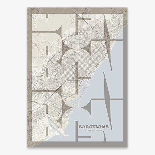 Poster of Barcelona composed with letters from its abbreviation or its airport IATA code printed on light brown and an off-white background