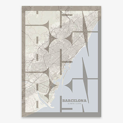 Poster of Barcelona composed with letters from its abbreviation or its airport IATA code printed on light brown and an off-white background