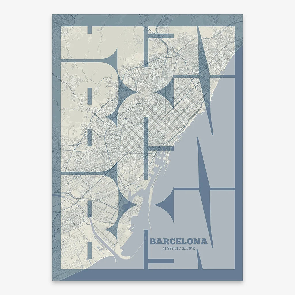 Poster of Barcelona composed with letters from its abbreviation or its airport IATA code printed on bluish gray and an off-white background