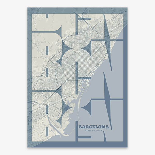 Poster of Barcelona composed with letters from its abbreviation or its airport IATA code printed on bluish gray and an off-white background