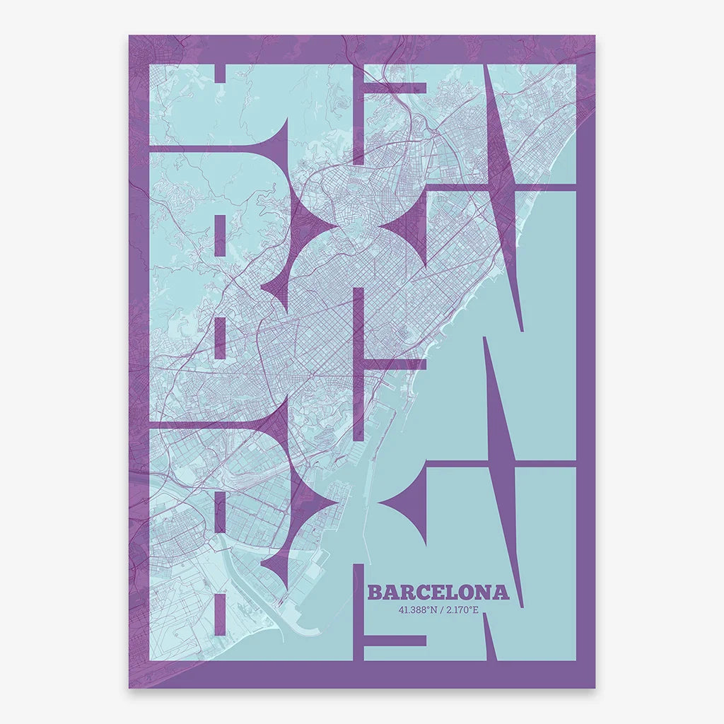 Poster of Barcelona composed with letters from its abbreviation or its airport IATA code printed on purple and light blue