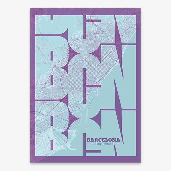 Poster of Barcelona composed with letters from its abbreviation or its airport IATA code printed on purple and light blue