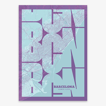 Poster of Barcelona composed with letters from its abbreviation or its airport IATA code printed on purple and light blue