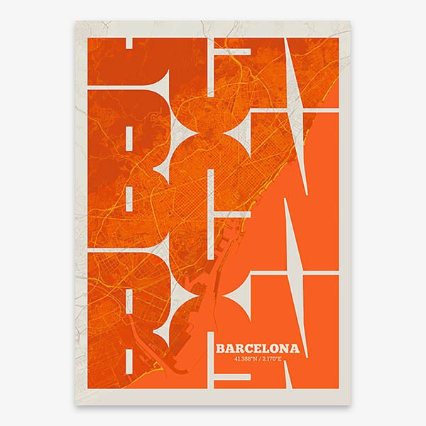 Poster of Barcelona composed with letters from its abbreviation or its airport IATA code printed on orange and an off-white background