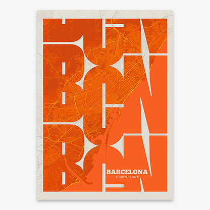 Poster of Barcelona composed with letters from its abbreviation or its airport IATA code printed on orange and an off-white background