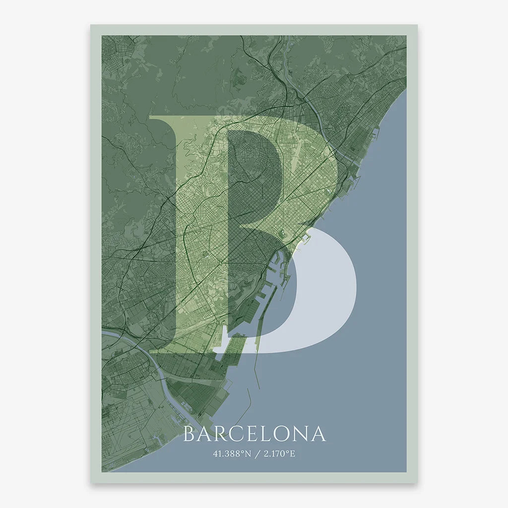 Decorative map of Barcelona composed with letters in serif font printed on two green tones