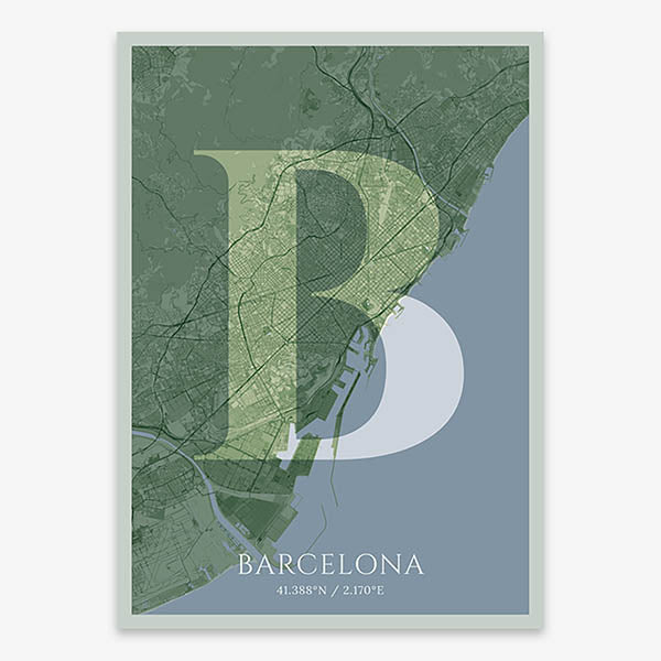 Decorative map of Barcelona composed with letters in serif font printed on two green tones