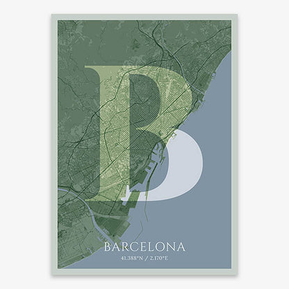Decorative map of Barcelona composed with letters in serif font printed on two green tones