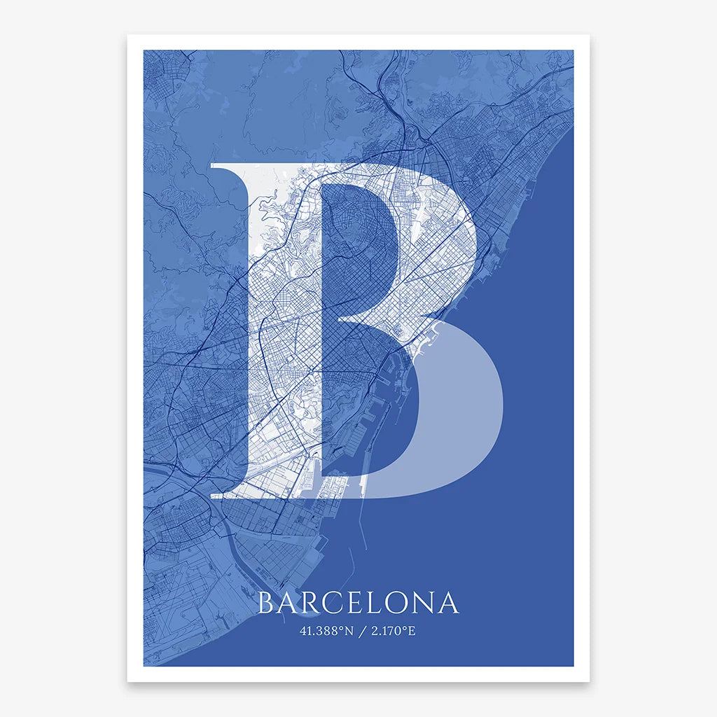 Decorative map of Barcelona composed with letters in serif font printed on navy blue and white