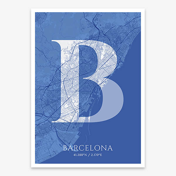Decorative map of Barcelona composed with letters in serif font printed on navy blue and white