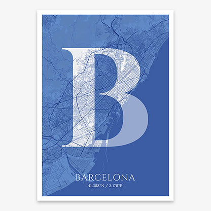 Decorative map of Barcelona composed with letters in serif font printed on navy blue and white