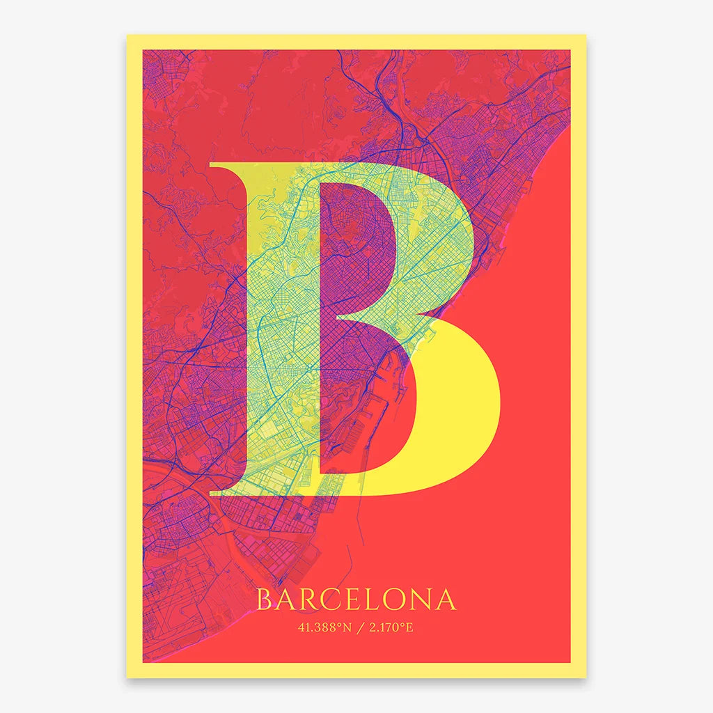 Decorative map of Barcelona composed with letters in serif font printed on yellow and fuchsia