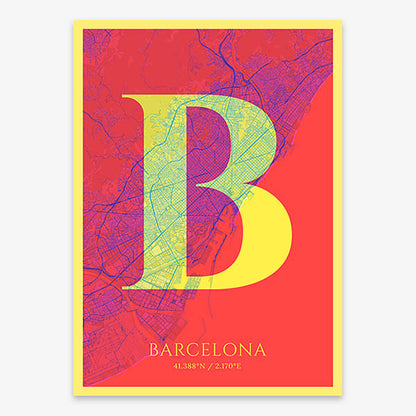 Decorative map of Barcelona composed with letters in serif font printed on yellow and fuchsia