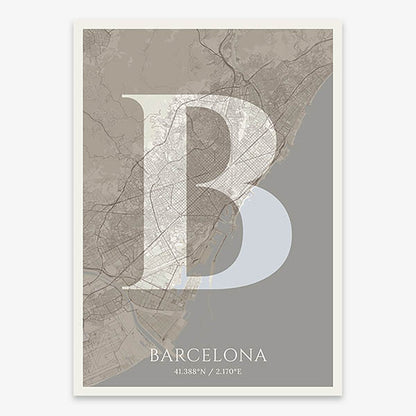 Decorative map of Barcelona composed with letters in serif font printed on light brown and an off-white background