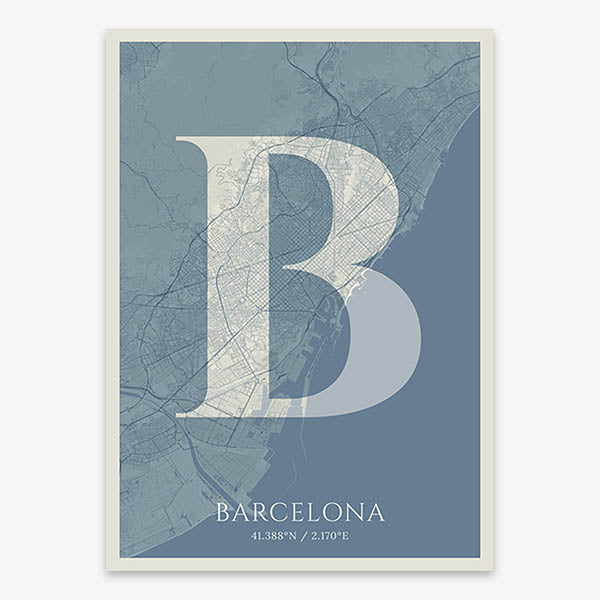 Decorative map of Barcelona composed with letters in serif font printed on bluish gray and an off-white background