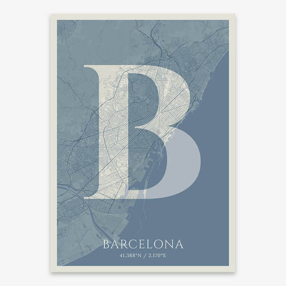 Decorative map of Barcelona composed with letters in serif font printed on bluish gray and an off-white background