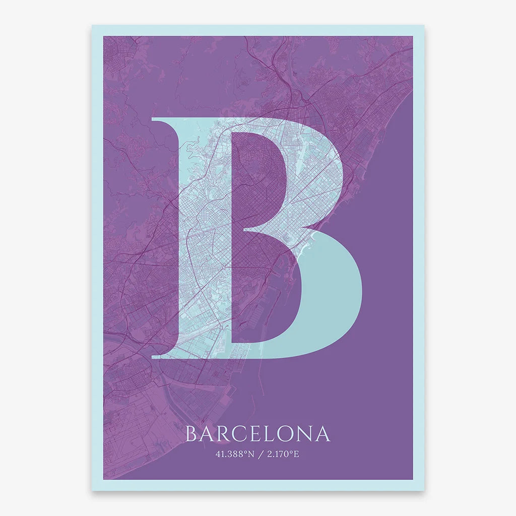 Decorative map of Barcelona composed with letters in serif font printed on purple and light blue