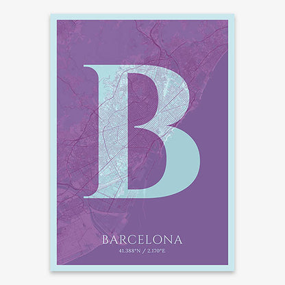 Decorative map of Barcelona composed with letters in serif font printed on purple and light blue