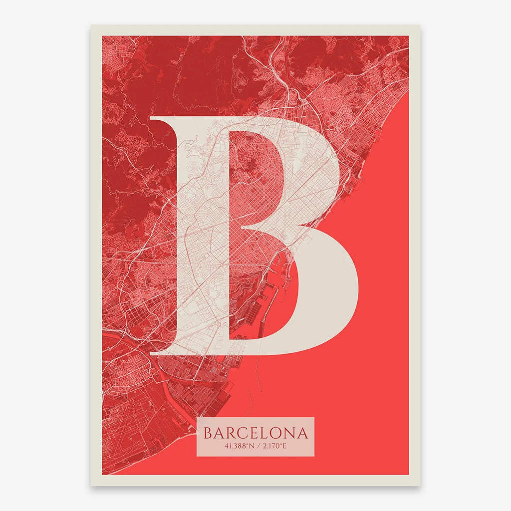Decorative map of Barcelona composed with letters in serif font printed on red and an off-white background