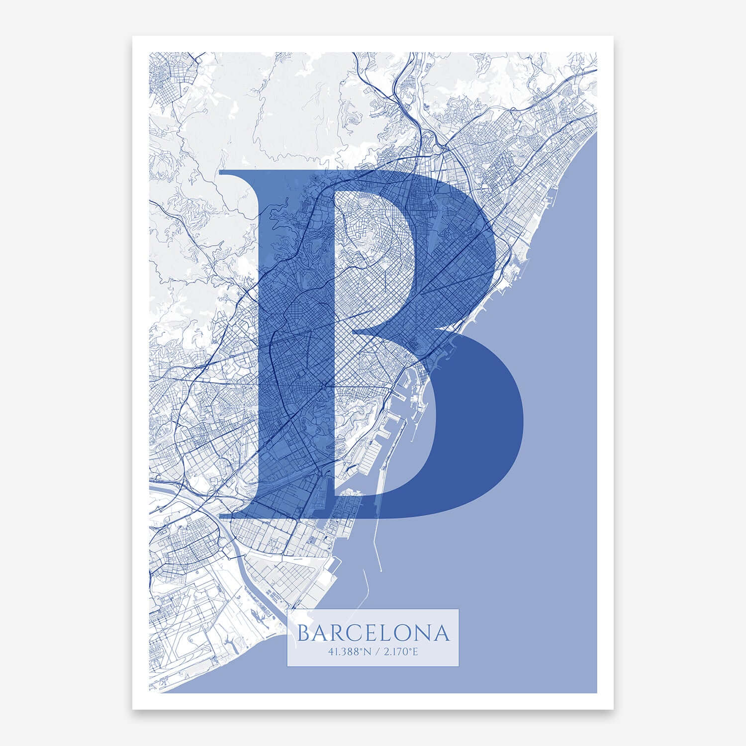The map of Barcelona composed with letters in serif font printed on navy blue and white