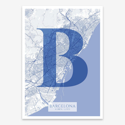 The map of Barcelona composed with letters in serif font printed on navy blue and white