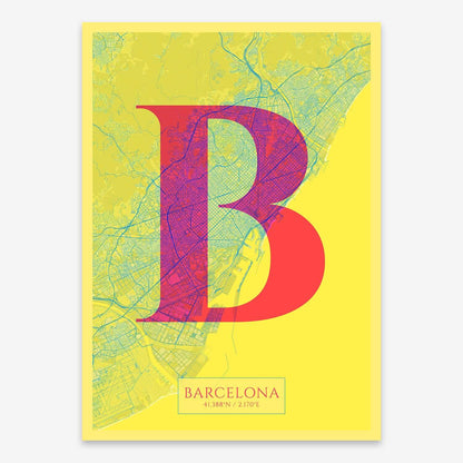 The map of Barcelona composed with letters in serif font printed on yellow and fuchsia