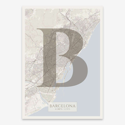 The map of Barcelona composed with letters in serif font printed on light brown and an off-white background