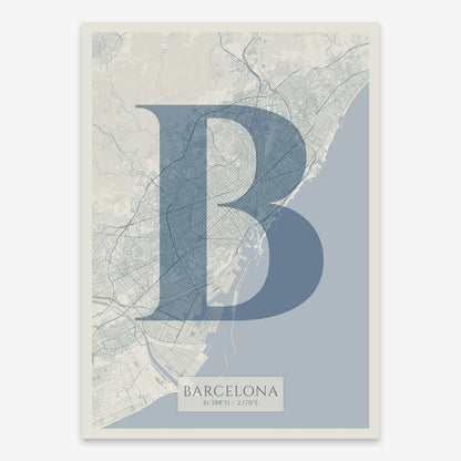 The map of Barcelona composed with letters in serif font printed on bluish gray and an off-white background