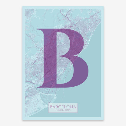 The map of Barcelona composed with letters in serif font printed on purple and light blue