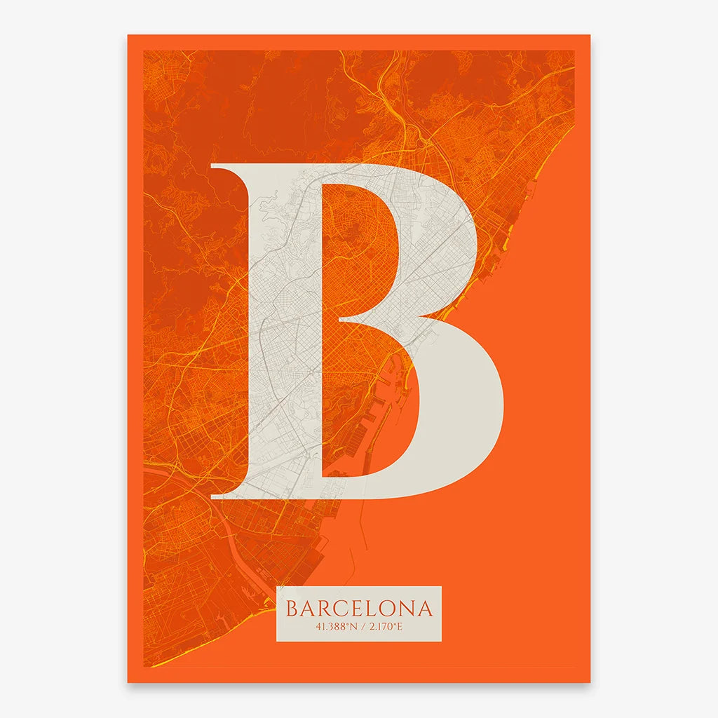 Decorative map of Barcelona composed with letters in serif font printed on orange and an off-white background
