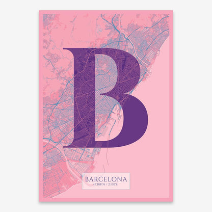 The map of Barcelona composed with letters in serif font printed on violet y pink background