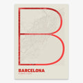 Poster of Barcelona composed with letters in extra light font printed on red and an off-white background