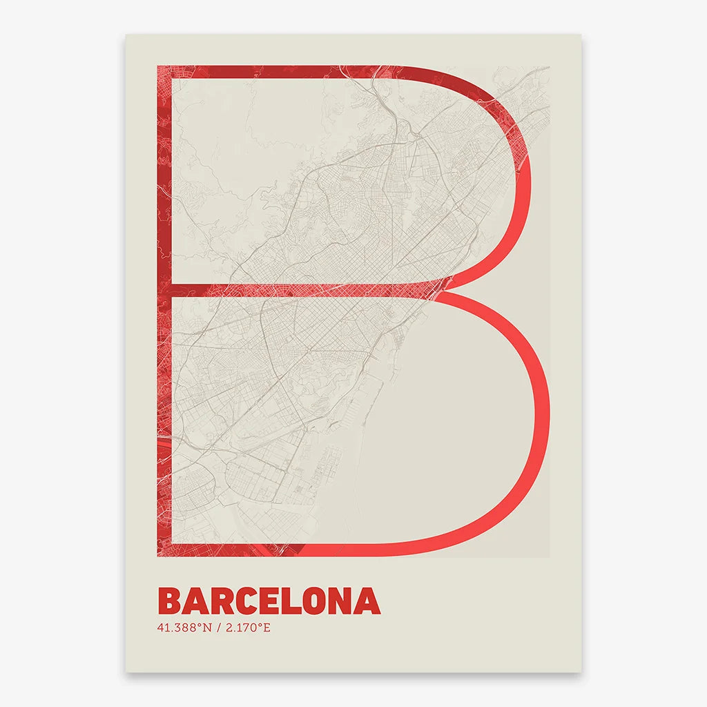 Poster of Barcelona composed with letters in extra light font printed on red and an off-white background